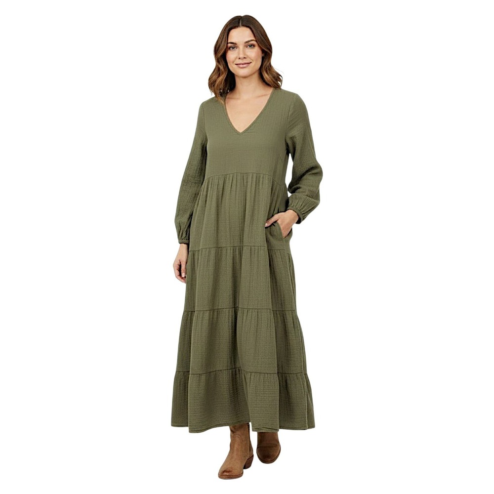Universal Thread Tiered Maxi Dress L Olive Green Gauzy VNeck Boho Cotton Cottage